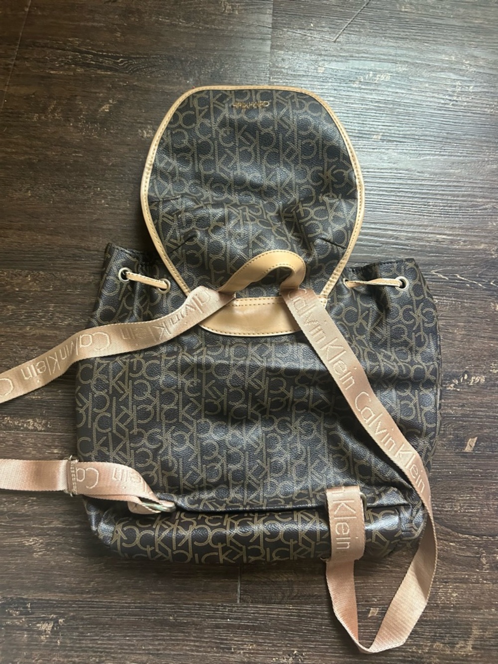 Calvin Klein Brown and Tan Monogram Drawstring Tote